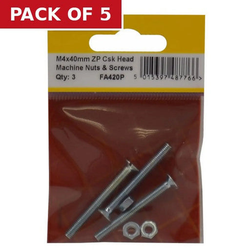 M4 x 40mm Machine Screws & Nuts - Countersunk Head - Zinc Plated - - Pack of 5