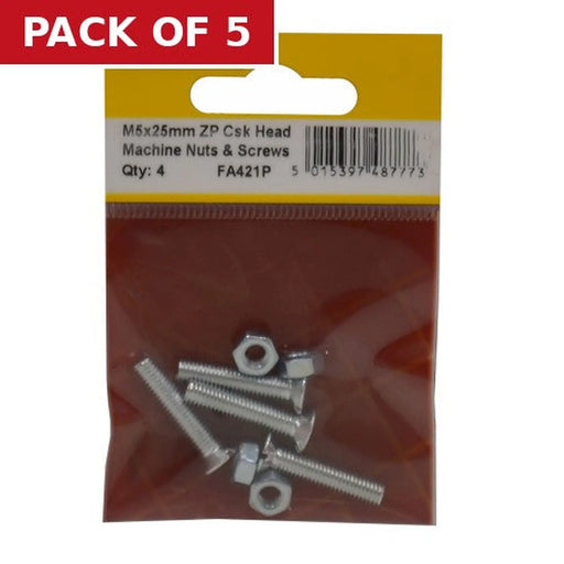 M5 x 25mm Machine Screws & Nuts - Countersunk Head - Zinc Plated - - Pack of 5