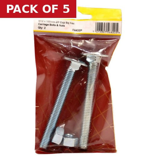 M12 x 100mm ZP Cup Sq Hex Carriage Bolts & Nuts (Pack of 2) - Pack of 5