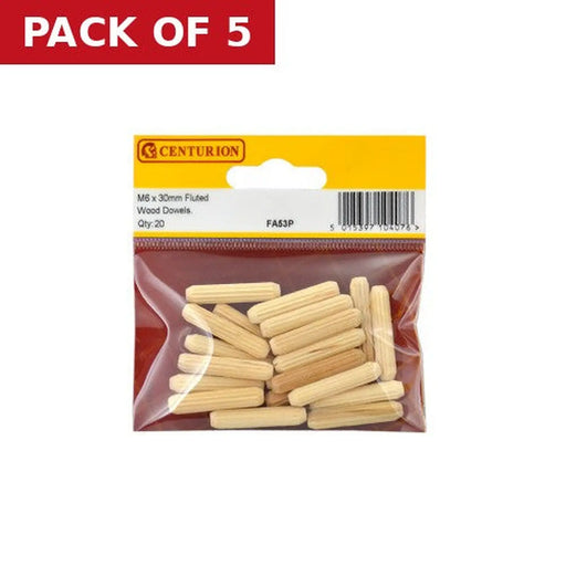 M6 x 30mm Fluted Wooden Dowels  (Pack of 20) - Pack of 5