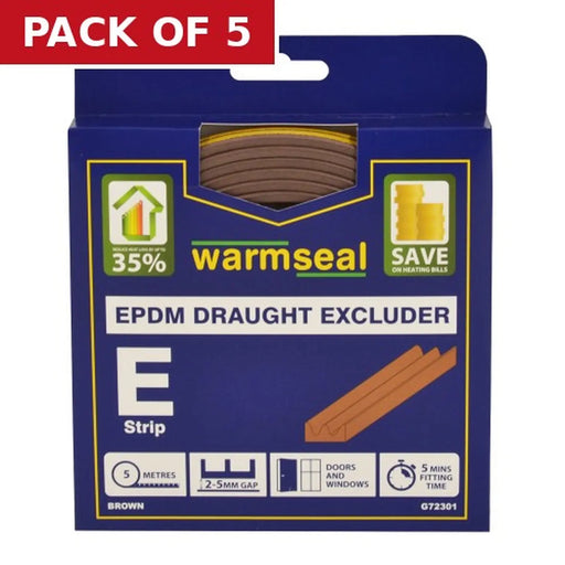 Warmseal 'E' Profile Long-life Foam Draught Excluder, Brown, 5m - Pack of 5