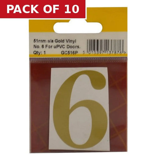51mm Gold Traditional Oldstyle Font Vinyl Number 6 - Pack of 10