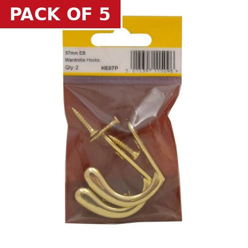 50mm Die Cast Wardrobe Hook - Brass - Pack of 2