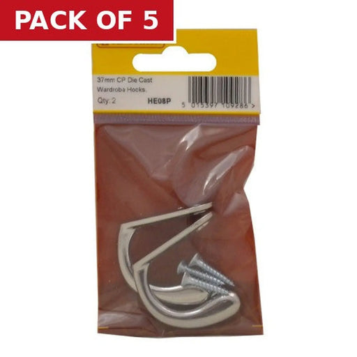 50mm Die Cast Single Wardrobe Hook - Chrome Plated - Pack of 2