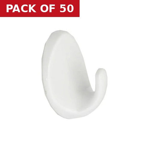 58mm White Plastic Self Adhesive Oval Hook - Pack of 50