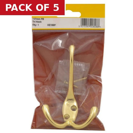 107mm Die Cast Hat & Coat Tri Hook - Polished Brass - Pack Qty 1 - Pack of 5