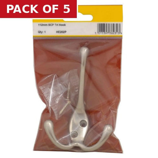 107mm Die Cast Tri Hook - Satin Chrome - Pack Qty 1 - Pack of 5