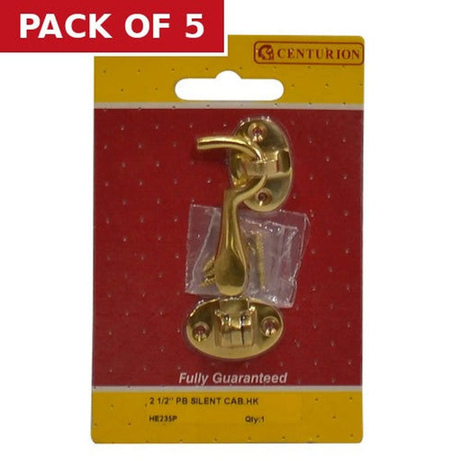 Silent Pattern Brass Cabin Hooks, Polished Brass, 65mm - Pack of 5