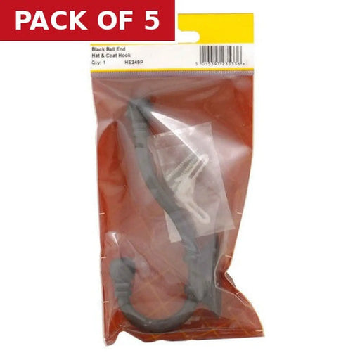 130mm Premium Ball End Hat & Coat Hook - Black - Pack Qty 1 - Pack of 5