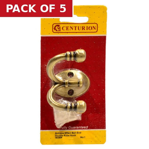 Ball End Double Robe Hook - Antique Brass - Pack Qty 1 - Pack of 5