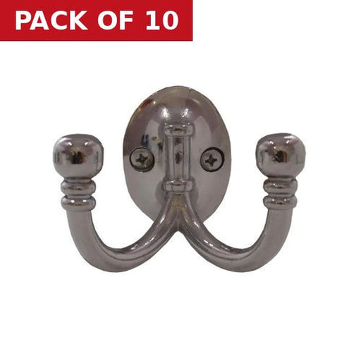 Premium Ball End Double Robe Hook - Chrome Plated - Pack of 10