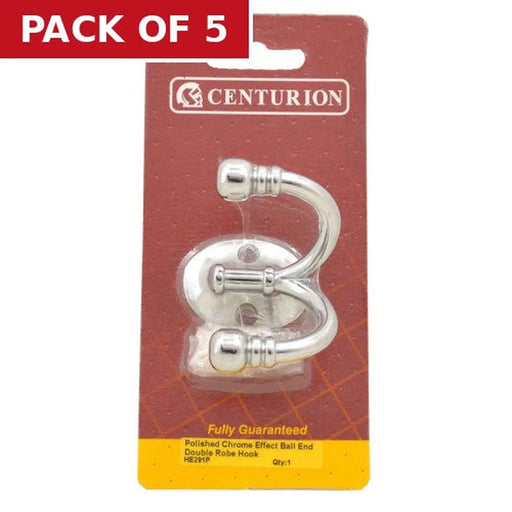 Premium Ball End Double Robe Hook - Chrome Plated - Pack Qty 1 - Pack of 5