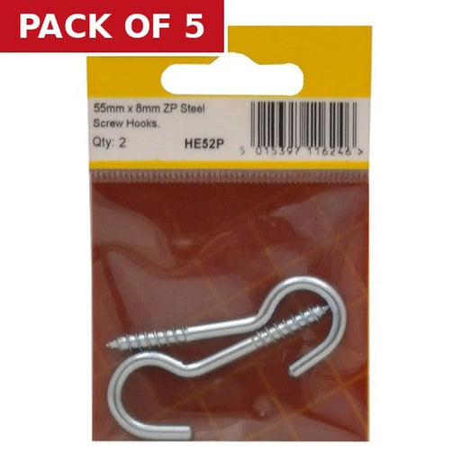 Steel Screw Hooks - Zinc Plated - 55mm x 8mm - (Pack of 2) - Pack of 5