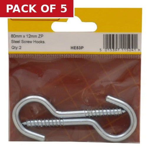 Steel Screw Hooks - Zinc Plated - 80mm x 5mm - (Pack of 2) - Pack of 5