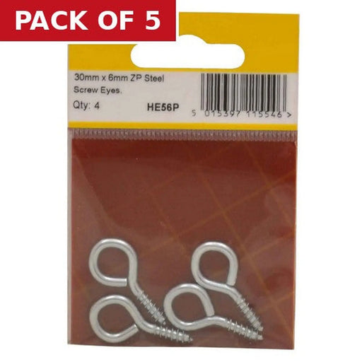 Steel Screw Eyes - Zinc Plated - 30mm x 3mm - (Pack of 4) - Pack of 5