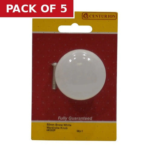 Porcelain Cupboard and Wardrobe Knobs, White, 50mm Dia. - Pack of 5