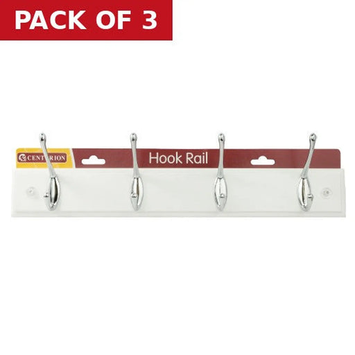 4 Hook Standard Hook Rail - Chrome Plated Hooks - Solid White Board - Pack of 3