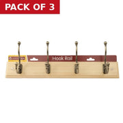 4 Ball End Traditional Hook Rail - Antique Brass Hooks - Pine Board - Pack of 3