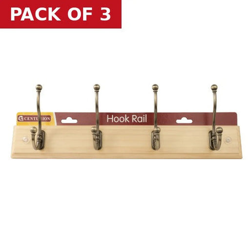 4 Ball End Traditional Hook Rail - Antique Brass Hooks - Pine Board - Pack of 3