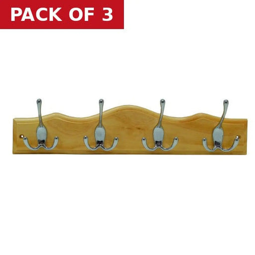 4 Tri-Hooks On Scallop Top Board - Chrome Plated Hooks - Pine - Pack of 3