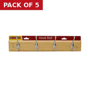 4 Hook Standard Hook Rail - Chrome Plated Hooks - Pine Board - Pack of 5