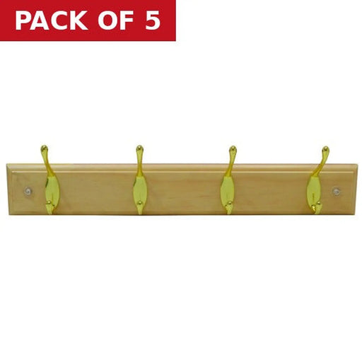 4 Standard Hook Rail - Brass Hooks - Pine Board - Pack of 5