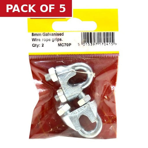 Steel Wire Rope Grips, Galvanised, 8mm - Pack of 5