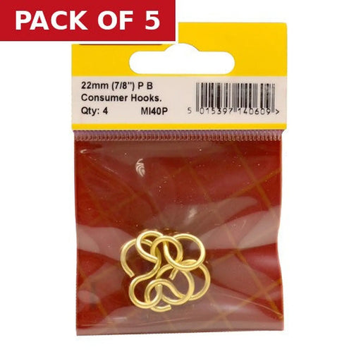 Solid Brass Consumer Hooks, Polished Brass, 22mm x 2mm - Pack of 5