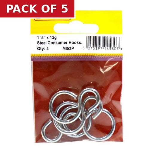 Steel Consumer Hooks, Zinc Plated, 38mm x 3mm - Pack of 5