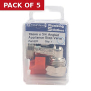 Angled 15mm x 3/4" BSP Appliance Stop Valve - Pack of 5