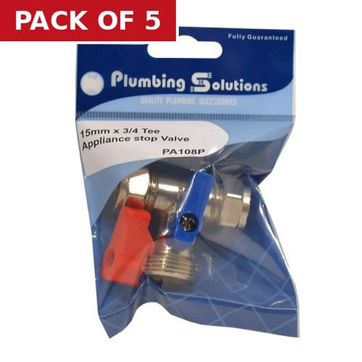 Tee 15mm x 3/4" BSP Appliance Stop Valve - Pack of 5