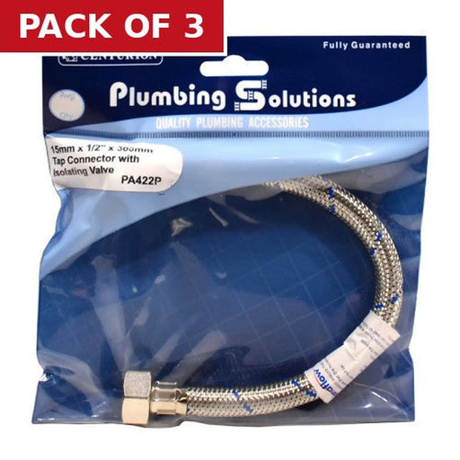15mm x 1/2" x 300mm Tap Connector with Isolating Valve - Pack of 3