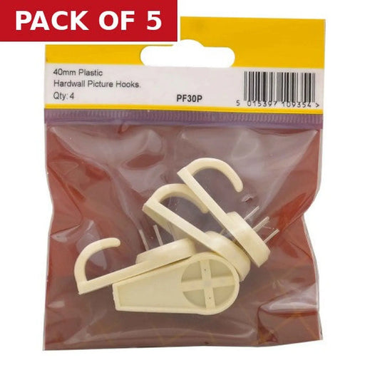 40mm Plastic Hard Wall Picture Hooks (Pack of 4) - Pack of 5