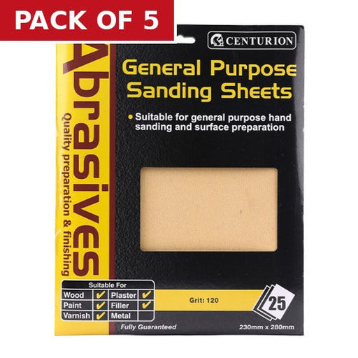 Abrasives Sandpaper Sheets, Medium 1/120 Grit - Pack of 5