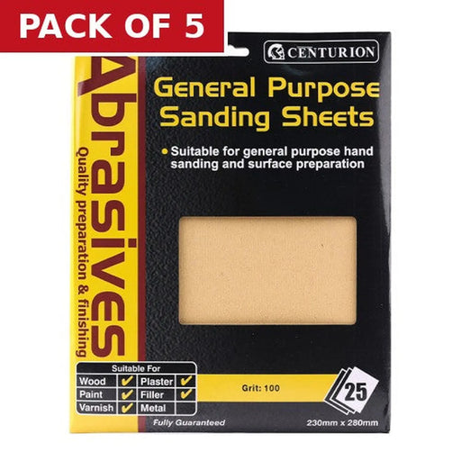 Abrasives Sandpaper Sheets, Medium 1½ / 100 grit - Pack of 5