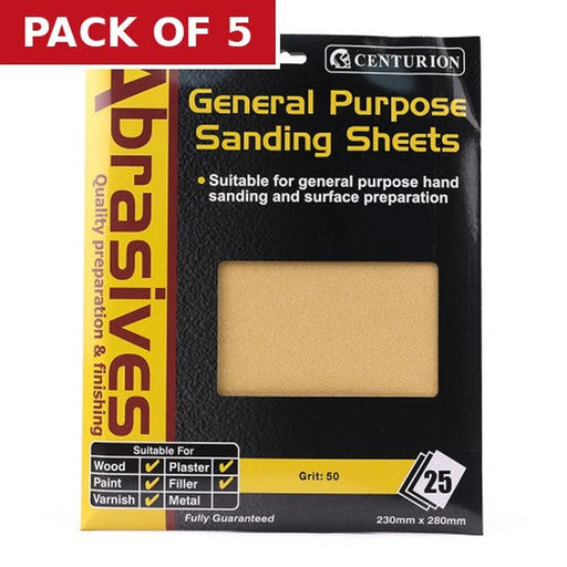 Abrasives Sandpaper Sheets, Coarse S2 / 50 grit - Pack of 5