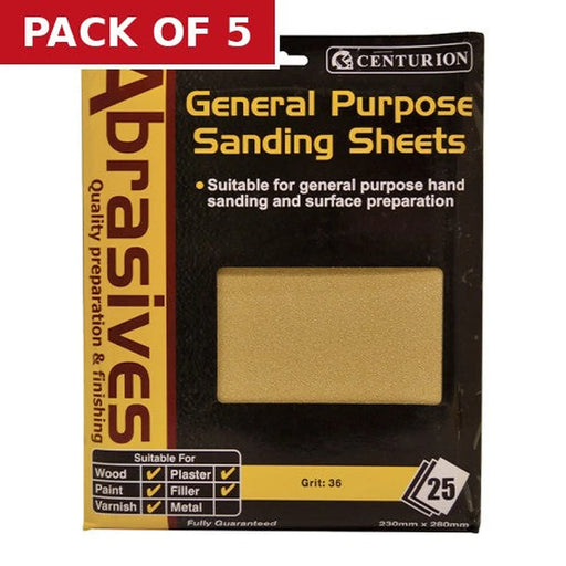 Abrasives Sandpaper Sheets, Extra Coarse 3 / 36 Grit - Pack of 5
