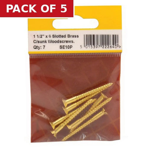 1 1/2" x 6 Slotted Brass Woodscrew - Countersunk Head - (Pack of 7) - Pack of 5