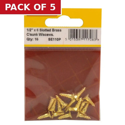 1/2" x 6 Slotted Brass Woodscrew - Countersunk Head - (Pack of 16) - Pack of 5