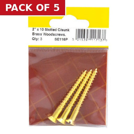 2" x 10 Slotted Brass Woodscrew - Countersunk Head - (Pack of 3) - Pack of 5