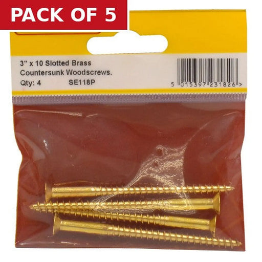 3" x 10 Slotted Brass Woodscrew - Countersunk Head - (Pack of 4) - Pack of 5