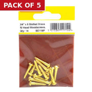 3/4" x 6 Slotted Round Head Woodscrew - Solid Brass - (Pack of 14) - Pack of 5