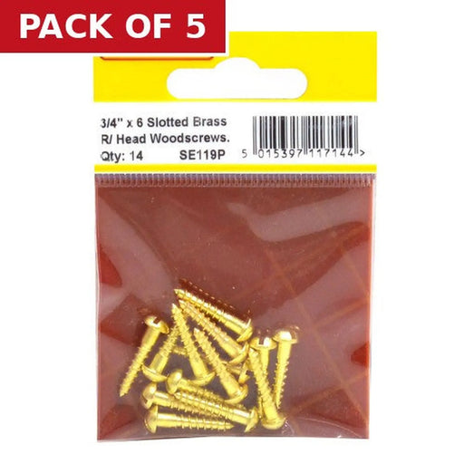 3/4" x 6 Slotted Round Head Woodscrew - Solid Brass - (Pack of 14) - Pack of 5