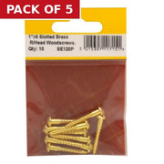 1" x 6 Slotted Round Head Woodscrew - Solid Brass - (Pack of 10) - Pack of 5