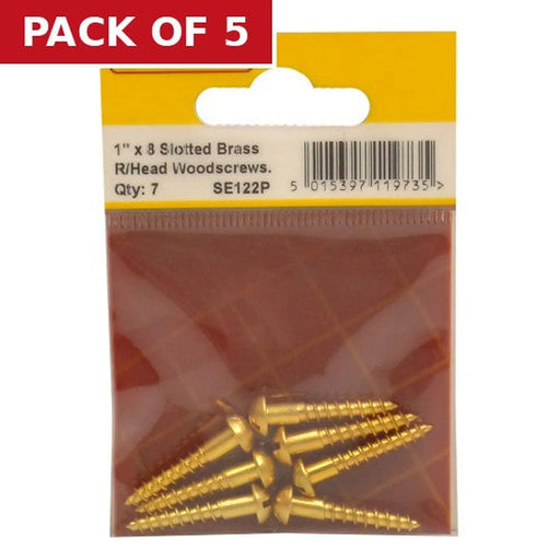 1" x 8 Slotted Round Head Woodscrew - Solid Brass - (Pack of 7) - Pack of 5