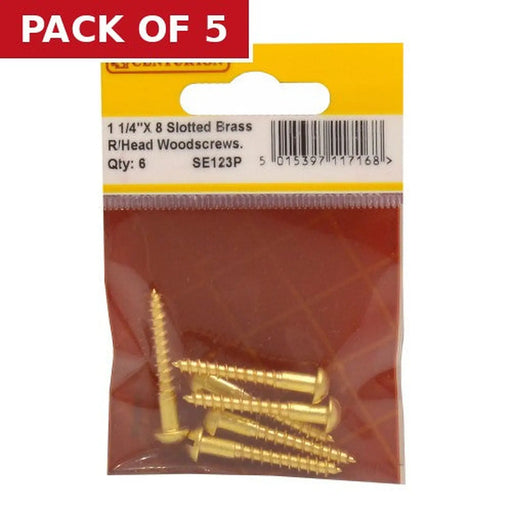 1 1/4" x 8 Slotted Round Head Woodscrew - Solid Brass - (Pack of 6) - Pack of 5