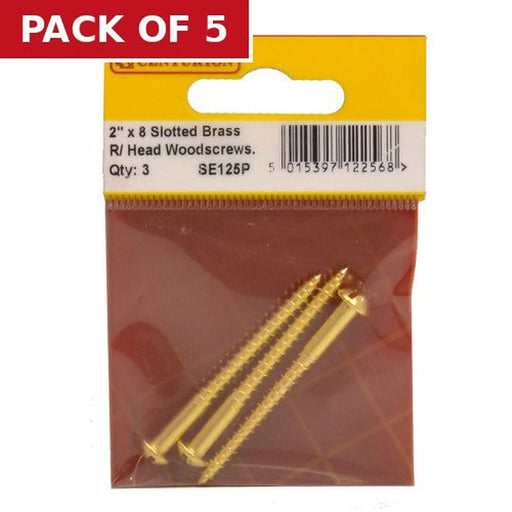 2" x 8 Slotted Round Head Woodscrew - Solid Brass - (Pack of 3) - Pack of 5