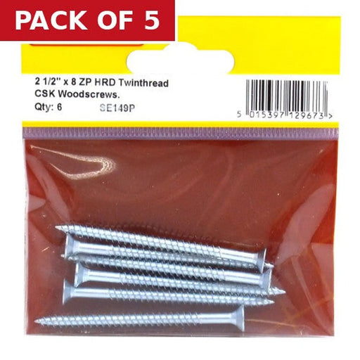 2 1/2" x 8 ZP Cross Recessed Hardened Twin Thread Woodscrews with - Pack of 5