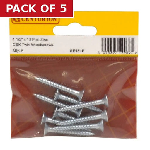 1 1/2" x 10 ZP Cross Recessed Hardened Twin Thread Woodscrews with - Pack of 5