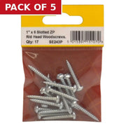1" x 6 ZP Round Head Woodscrews (Pack of 17) - Pack of 5
